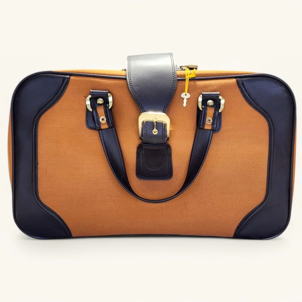 Vintage Carry On Suitcase Tan Brown Canvas Faux Leather 22in Travel 70s 80s‎